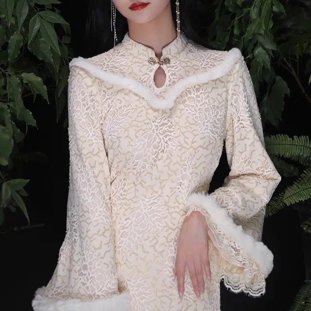 槿爷东方 蕾丝拼色毛边长旗袍 女款 奶咖色