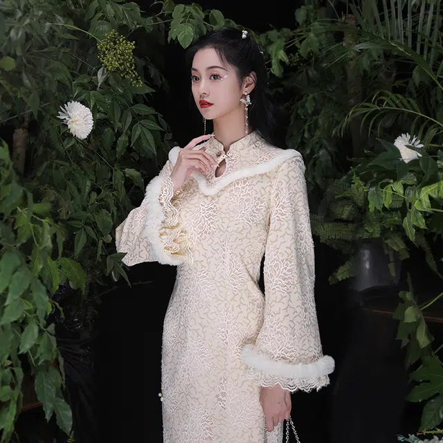 槿爷东方 蕾丝拼色毛边长旗袍 女款 奶咖色