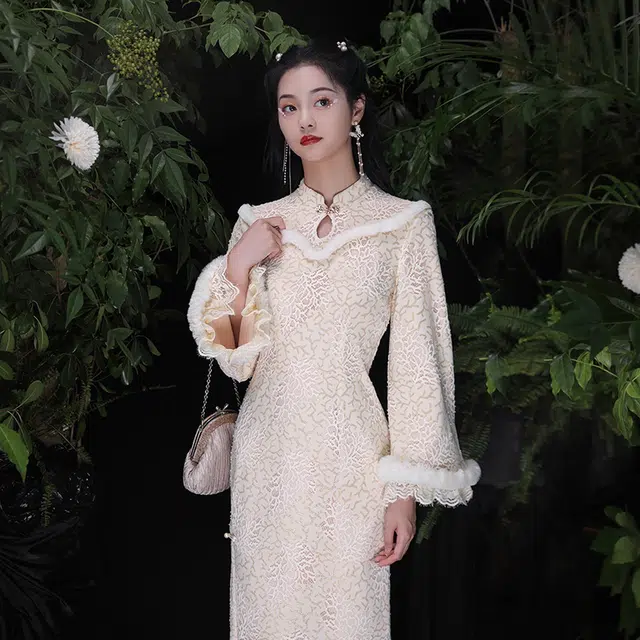 槿爷东方 蕾丝拼色毛边长旗袍 女款 奶咖色