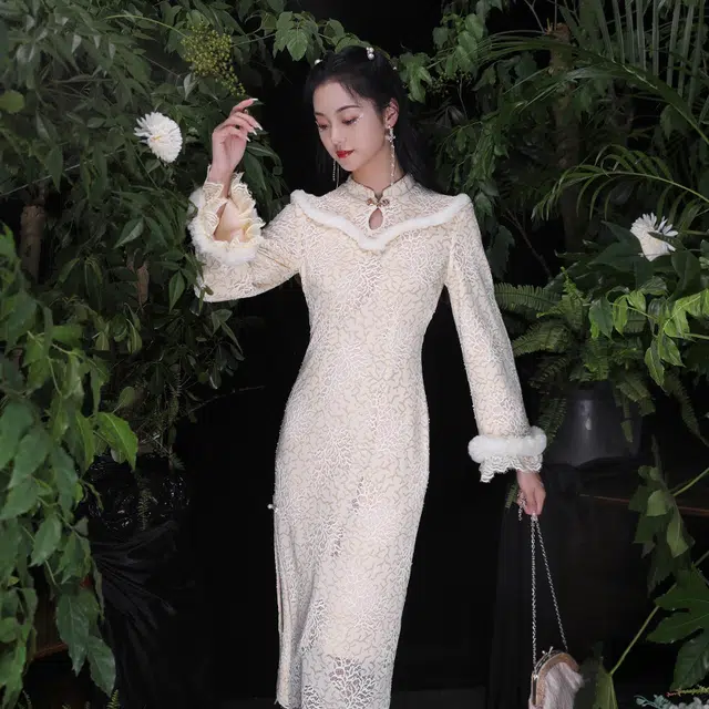 槿爷东方 蕾丝拼色毛边长旗袍 女款 奶咖色