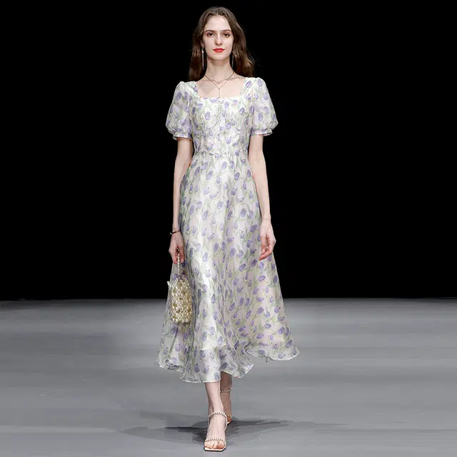 达菲时尚 收腰印花雪纺短袖连衣裙 浅紫色