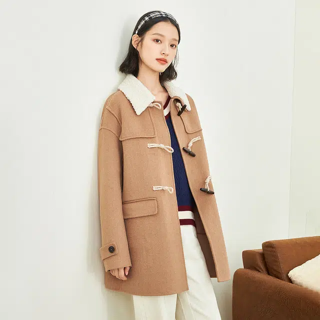 茵曼 中长款牛角扣翻领宽松毛呢其他外套 女款 深卡其