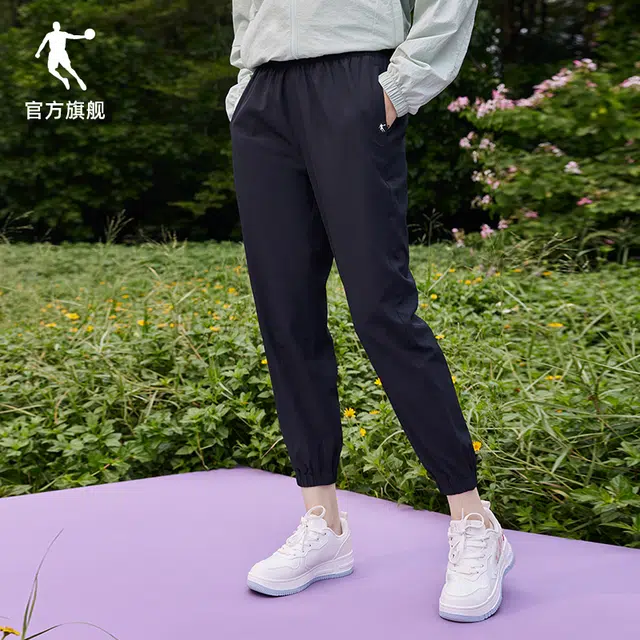 乔丹 纯色休闲速干梭织运动裤 女款 黑色