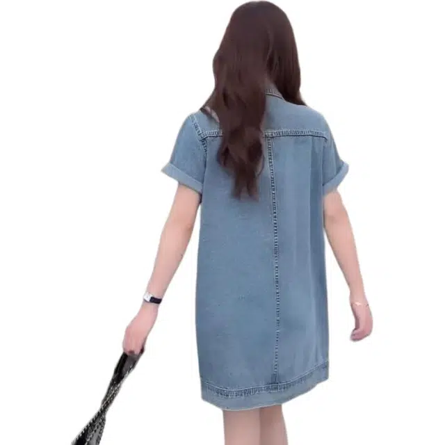 水中花 欧若风复古港风休闲气质牛仔夏韩版宽松显瘦短裙短袖连衣裙  女款