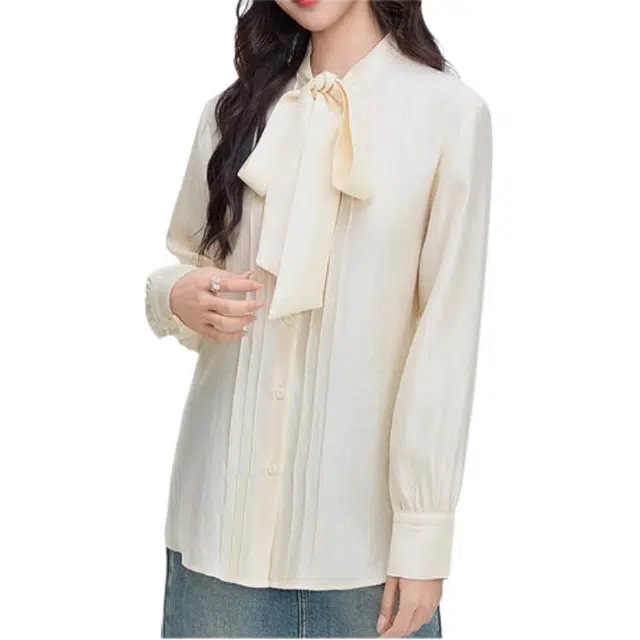 三福 高级感领口蝴蝶结绑带缎感长袖衬衫 女款 杏色