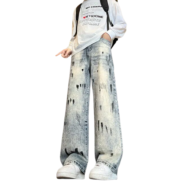 布客行 【泼墨复古直筒显高显瘦】美式高街水洗做旧基础款设计感纹理柔软舒适百搭弯刀阔腿长裤垂感宽松休闲扎染炸街牛仔裤 男女同款
