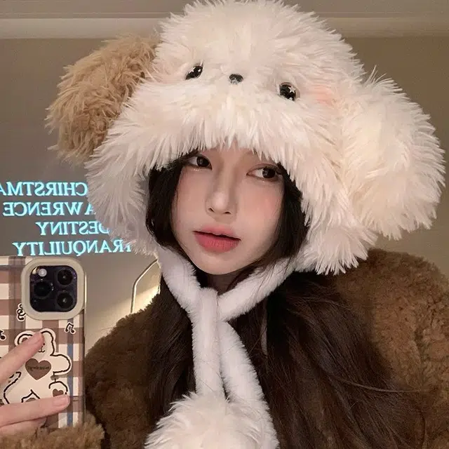 【小狗模拟器~秋冬入】 攸委 可爱卡通腮红狗狗耳朵保暖加厚 涤纶 绒线帽 男女同款情侣款