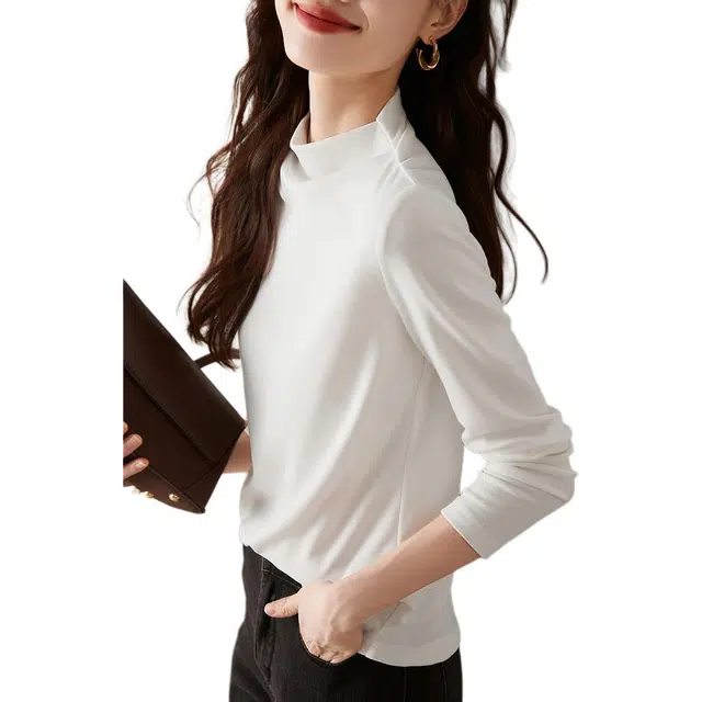 沫晗依美 纯色半高领宽松长袖针织衫 女款 白色