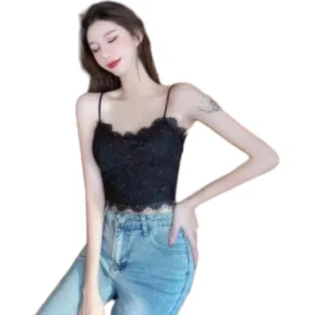 轻迎 蕾丝美背背心女复古脑绳褶皱蕾丝美背裹胸内衣女吊带 女款