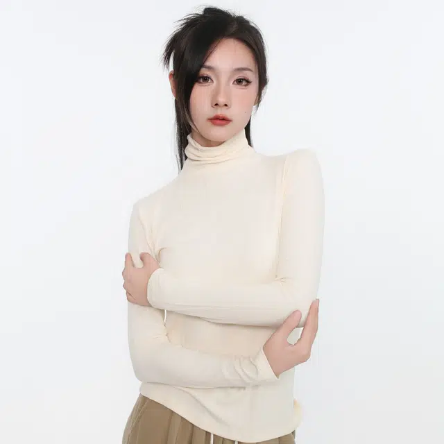 御茶家 纯色基础款堆堆领高弹立修身可外穿打底针织衫 女款 美拉德
