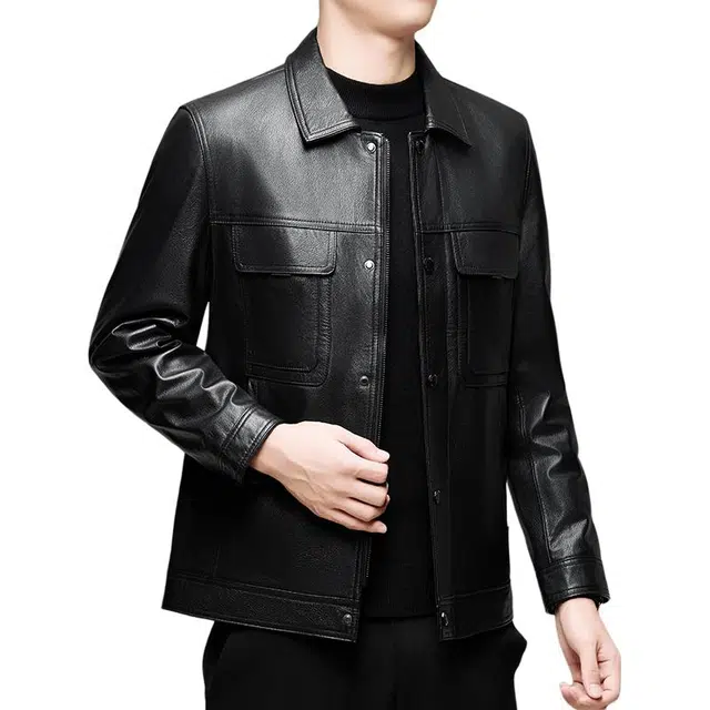 太子龍 头层牛皮秋冬翻领商务休闲中年爸爸装单皮夹克外套皮衣 男款