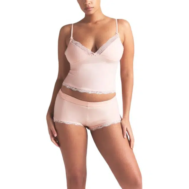 SKIMS SS25 COTTON JERSEY LACE CAMI AND SHORT SET PRIMROSE