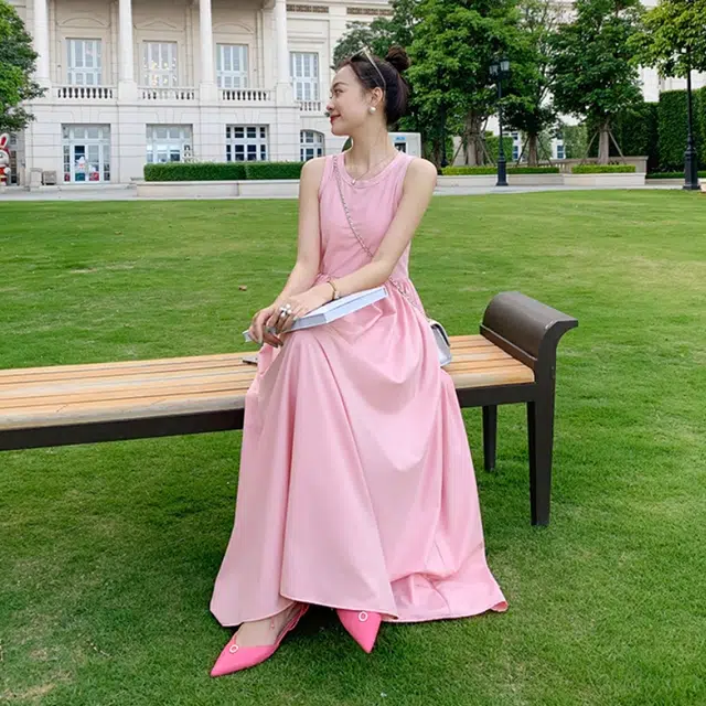 美洋 女神降临连衣裙 简约优雅弹力针织拼接背心长裙