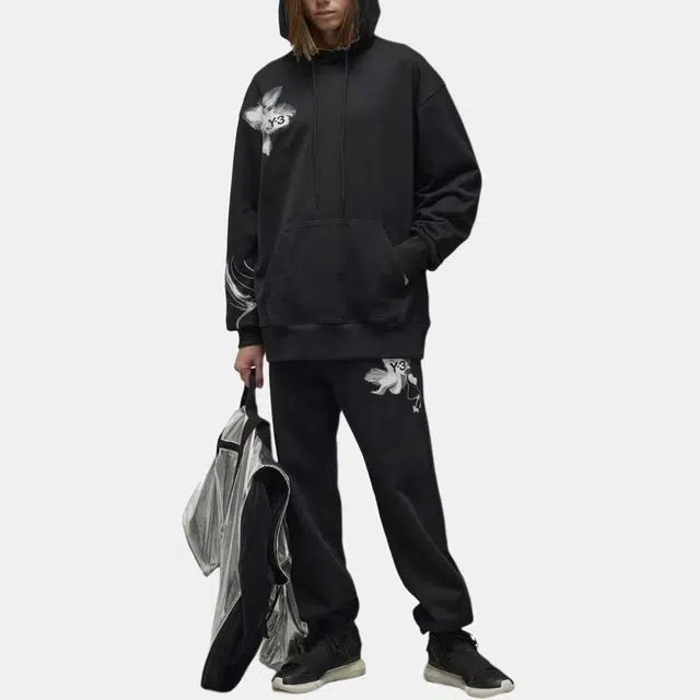 Y-3 Floral Print Hoodie Black