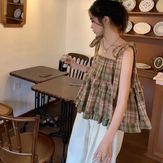 玉儿恋 格子套头方领薄款系带吊带 女款 红色