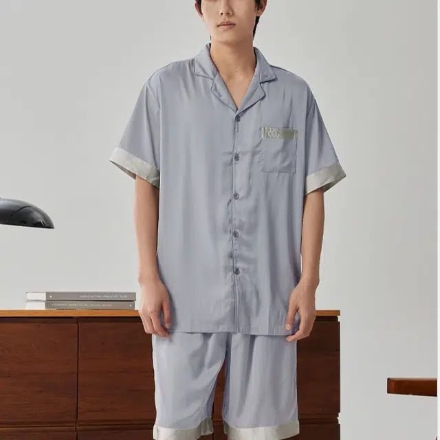 浮光岛屿 礼盒款简约系列 凉感冰丝纯色休闲宽松舒适短袖睡衣 家居服套装 男款 深灰色