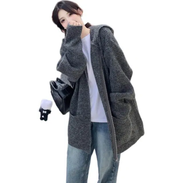 水中花 韩系拉链连帽外套厚秋冬慵懒高级感宽松软糯中长款开衫针织衫 女款