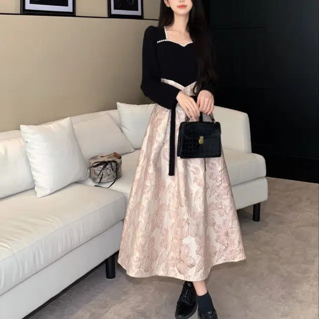 古莲菲 秋冬气质洋气法式季重工高级感钉珠提花拼接轻奢礼服长袖连衣裙 女款