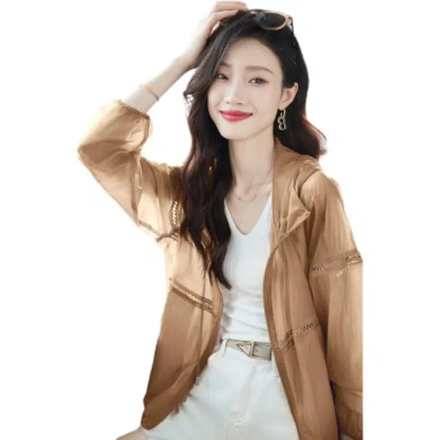 沫晗依美 连帽镂空花边纯色长袖防晒服 女款 卡其色