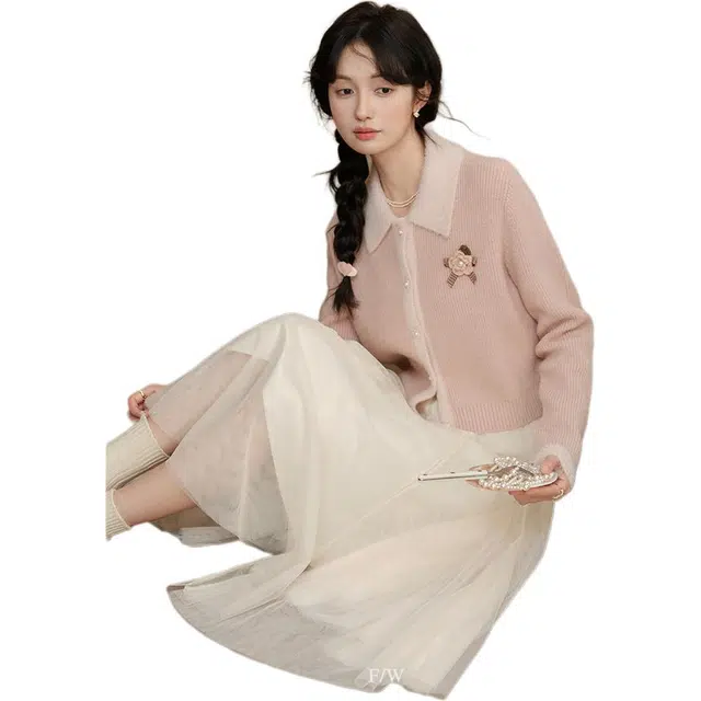 鹿向南 荔枝桃饮系列 开衫拼色宽松长袖毛衣 女款 淡粉色