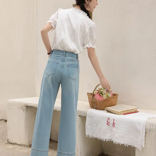 鹿向南 适中直筒高腰宽松牛仔裤 女款