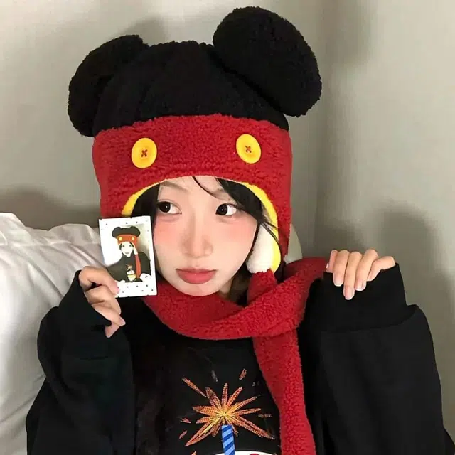 【秋冬必备~通勤保暖】 攸委 可爱卡通扣子耳朵拼色毛绒帽子女冬季加绒加厚防寒护耳帽 涤纶 学生时尚百搭创意雷锋帽 男女同款情侣款