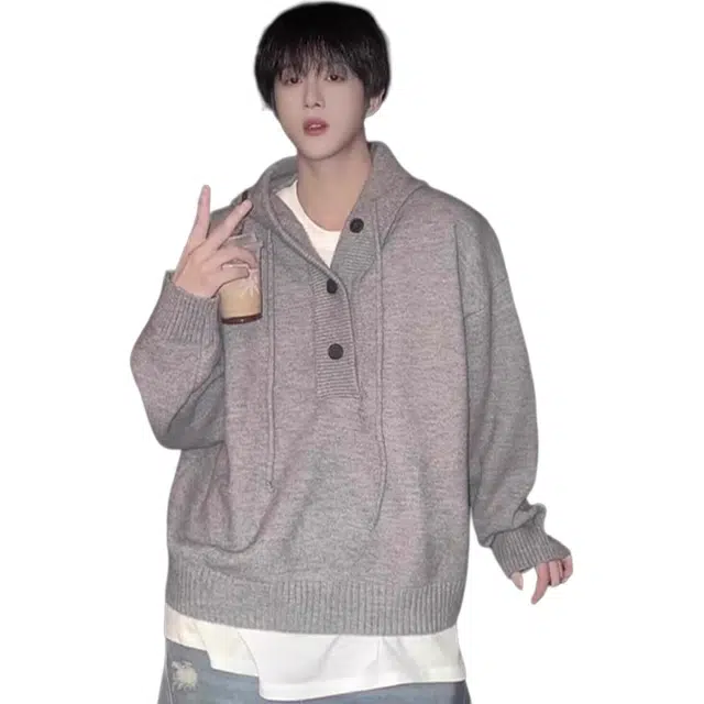 洞洞拐 日系慵懒复古连帽百搭简约时尚流行潮流文艺针织衫 男女同款