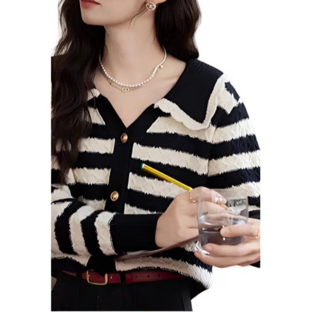 鹿向南 乌梅子酥系列 复古条纹休闲针织衫 女款 黑杏色