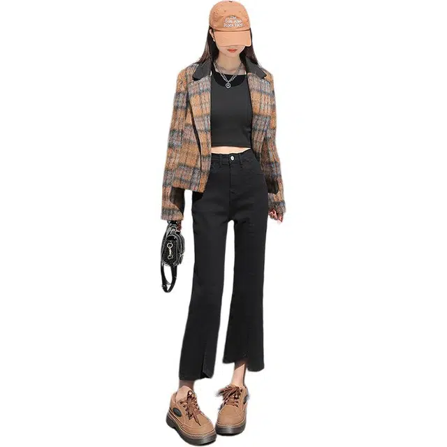 思蓓儿 复古时髦铆钉女脚口开叉微喇裤子辣妹长腿弹力裤牛仔裤 女款