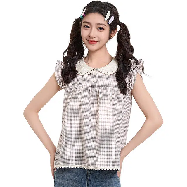 三福 格子娃娃领舒适短袖衬衫 女款 卡其格