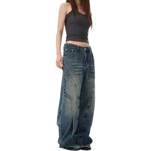 竺妃 美式复古拼接解构阔腿裤小众设计感宽松直筒潮牌长裤牛仔裤 女款