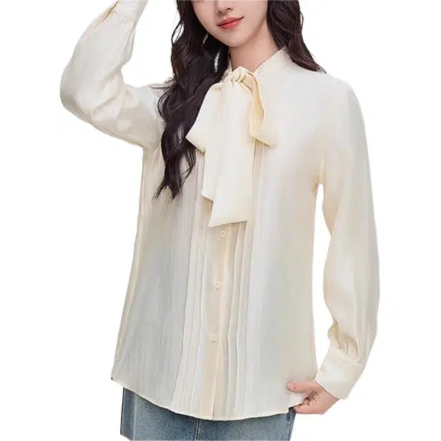 三福 高级感领口蝴蝶结绑带缎感长袖衬衫 女款 杏色