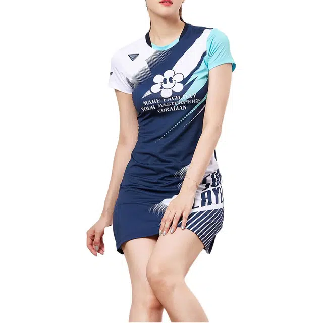 可莱安 运动轻盈透气弹力速干修身短袖连衣裙 女款 海军蓝/薄荷绿/白色