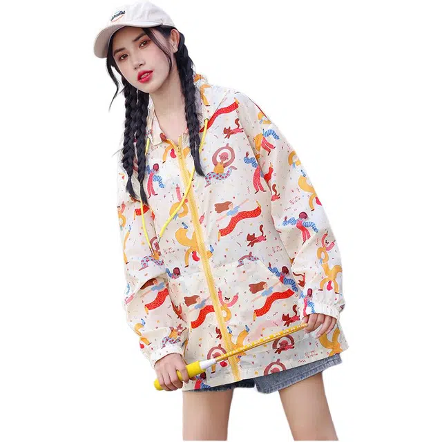 沐晓欣 印花防晒衣可爱风连帽长袖宽松连帽薄款上衣截短外套 女款 花色