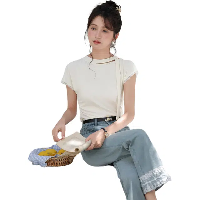 鹿向南 蓝色蕾丝拼接微喇宽松休闲直筒裤自然腰长裤牛仔裤 女款