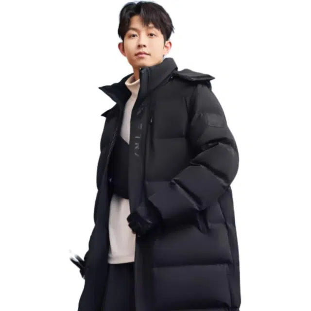 鸿星尔克 综训系列 舒适休闲简约长款连帽羽绒服 男款 正黑