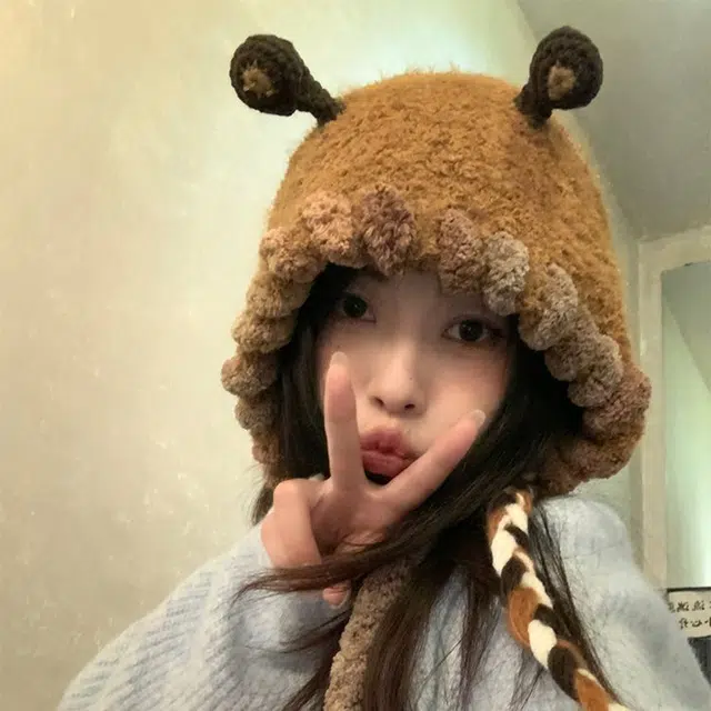 【秋冬必备~通勤神器】 攸委 可爱小怪兽毛绒针织帽子女冬季保暖加厚护耳帽 涤纶 手工编织卡通大头围绒线帽雷锋包头帽 男女同款情侣款