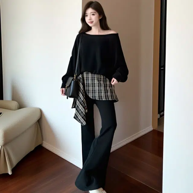 古莲菲 设计感春秋斜肩长袖上衣卫衣微喇长裤港味时尚两件套休闲套装 女款