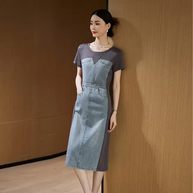 杭依阁 牛仔拼接圆领高腰中长短袖连衣裙 女款