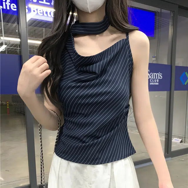 缪斯的诱惑 设计感斜肩荡领挂脖飘带女夏季气质时尚修身短款上衣吊带 女款