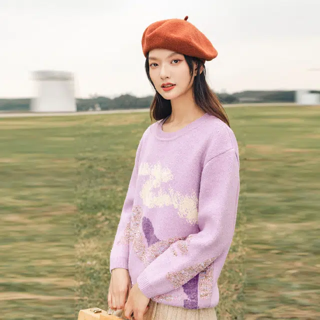茵曼 图案提花圆领套头毛衣 女款