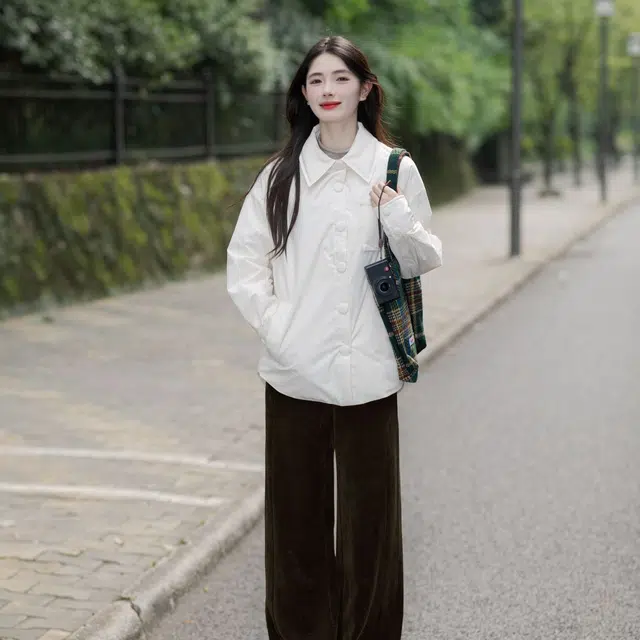 茵曼 休闲衬衫式外套时尚户外防泼水保暖白鸭绒羽绒服 男女同款