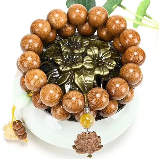 爵倾 纯手工打磨莲花挂饰六条纹佛珠降龙 六道木 手串 男女同款情侣款