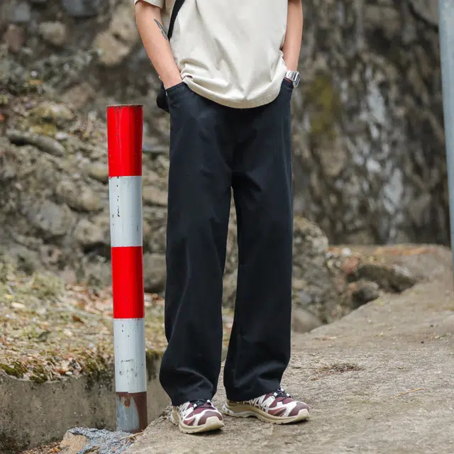 港仔文艺男 纯色复古宽松直筒工装裤 男款