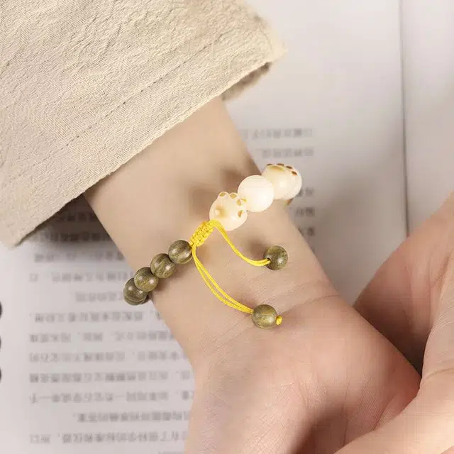 爵倾 小清新天然念珠拼接炭烧菩提萌猫爪好运女生可爱气质文艺手链 绿檀 手串 男女同款情侣款