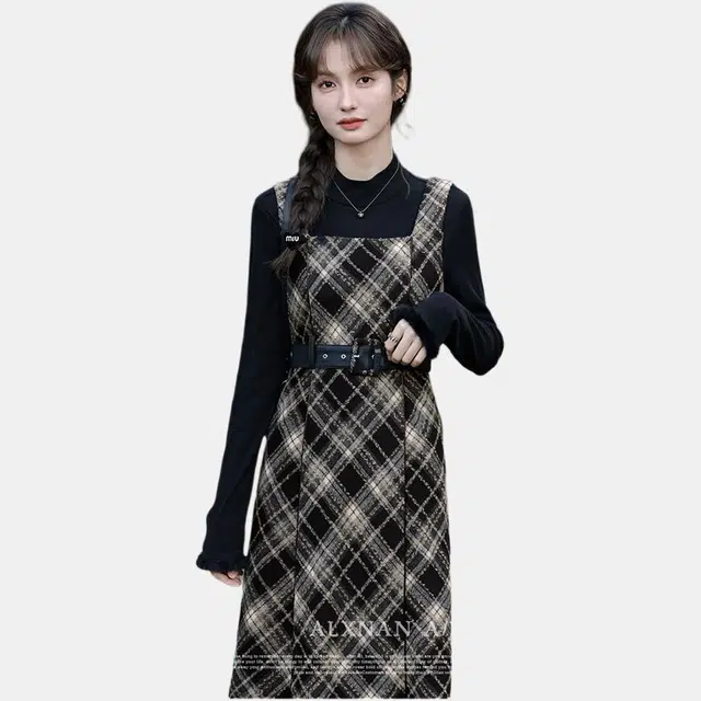 鹿向南 气质显瘦简约舒适无袖连衣裙 女款 黑浅灰格