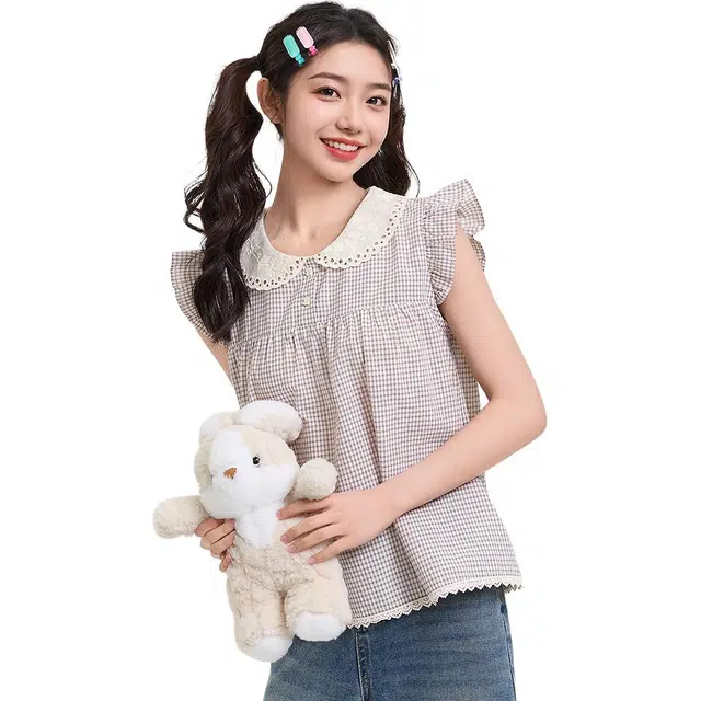 三福 格子娃娃领舒适短袖衬衫 女款 卡其格