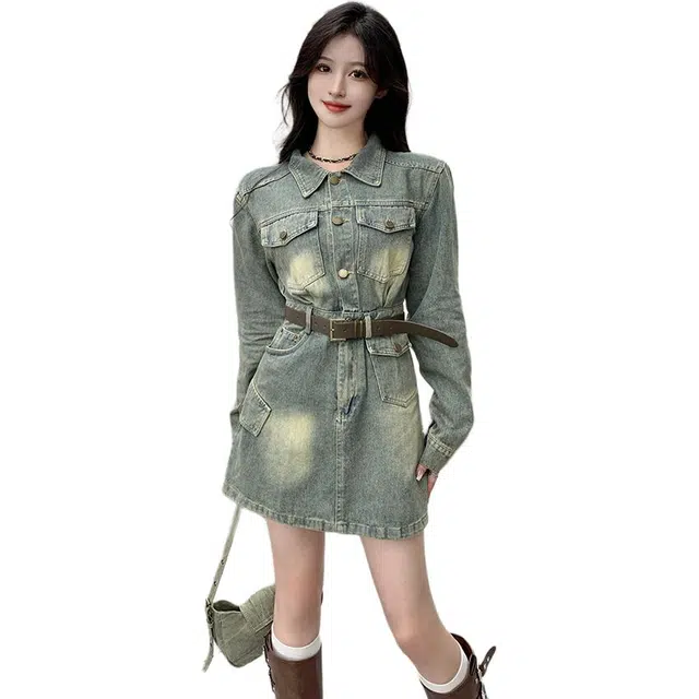 桴生 大码复古潮流洗水做旧纯色收腰显瘦透气百搭牛仔服饰长袖连衣裙 女款