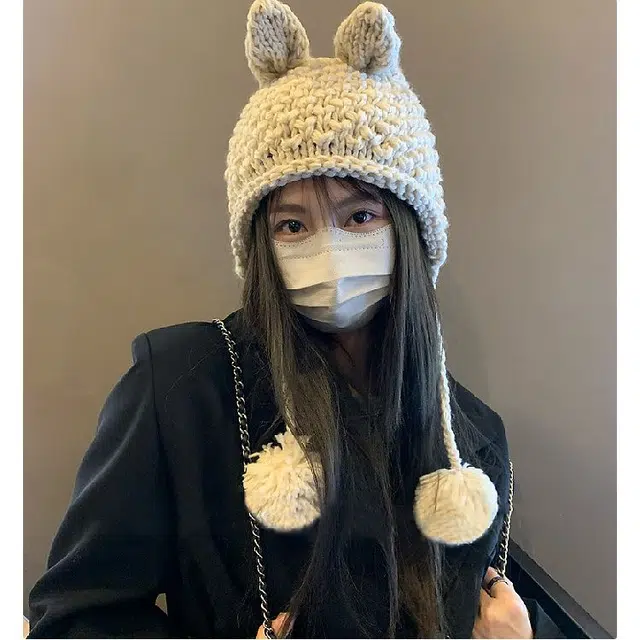 【通勤百搭~可爱小兔】 攸委 复古呆萌手工兔耳朵毛线针织帽子秋冬保暖护耳加绒显脸小 涤纶 户外休闲时尚包头帽绒线帽雷锋帽 女款