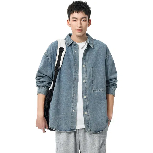 米素力 复古牛仔宽松翻领长袖衬衫 男款 蓝色